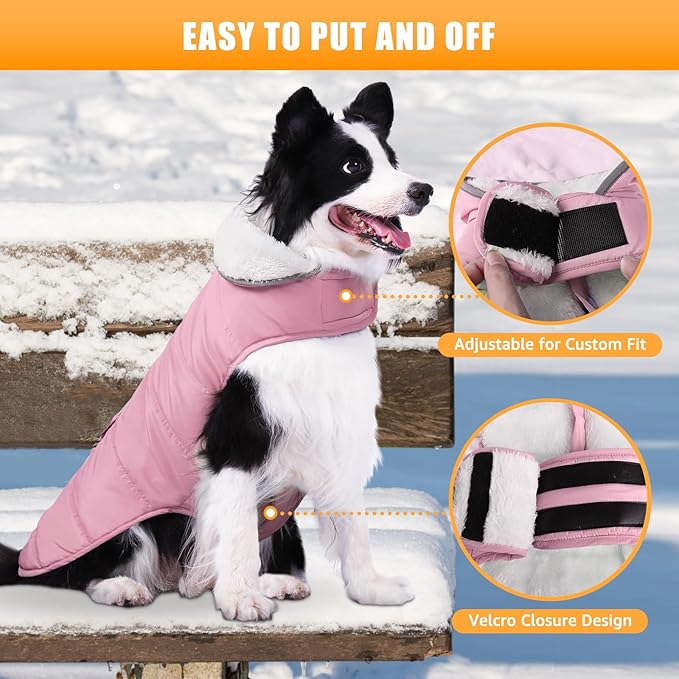 iBuddy Dog Winter Coat for 2X- Large Dogs, Easy on XXL Dog Snow Jacket Velcro Waterproof Pet Puffer Clothes with Harness Hole Adjustable Reflective Quilted Pet Cold Weather Vest for Girl Female