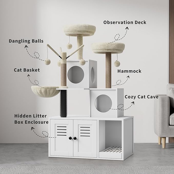 GAOMON Multi-Level Cat Tree Tower with Cat Scratching Posts, Litter Box Enclosure, Cat Houses & Condos | Hanging cat Toys, for Kittens & Adult Cat, Easy to Assemble, White Box & White Trees