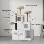 Modern Multi-Level Wooden Cat Tree with Litter Box Enclosure, Cat Tower with Litter Box Enclosure & Condo, Sisal Scratching Posts, Soft Perch and Toys for Indoor Cats, White Box & White Trees