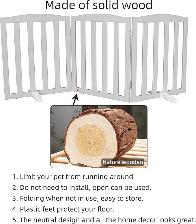 Freestanding Dog Gate Indoor,Doggie Gate Foldable Pet Gates for Doorways,Stairs or Hallways, Wooden Grey Pet Gate for the House, Pet Fence with Support Feet Included,24 "Height-3 Panels