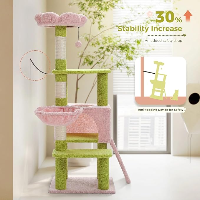 47.3" Flower Cat Tree, Multi-Level Cat Tower with Sisal Covered Scratching Posts Cute Cat Condo for Indoor Small Medium Cats Top Perch (Green)