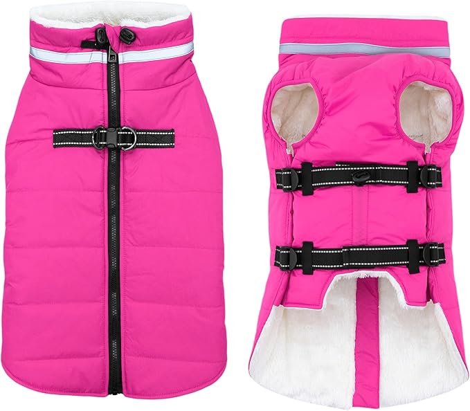 Mklhgty Large Dog Coat with Harness Built-in, Waterproof Reflective Fleece Lined - Warm Windproof Winter Jacket with Back Zipper, Cold Weather Snow Dog Coats - Pink - XL
