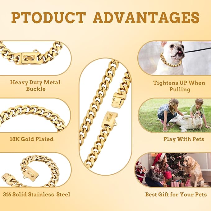 BAOBOTE 15MM Gold Stainless Steel Dog Collar with Cuban Link Chain Heavy Duty Chew Proof Training Collar for Dogs(24" Gold)