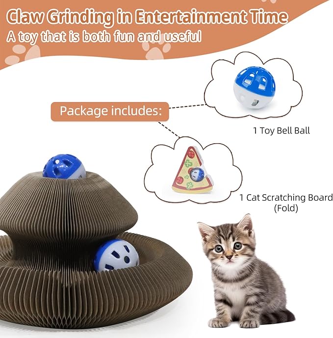 Kitty Kurlz Cat Scratcher Magic Organ Cat Scratching Board with Bell Ball,Foldable Accordion Kitty Curls Cat Scratcher,Kitty kurlz Cat Toy for Indoor Cats,Beige