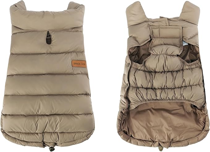 SPACE LION Dog Puffer Jacket, Down Winter Coat, Durable Outdoor Coat for Cold and Windy Conditions, Lightweight & Adjustable Fit Coats for Large Dogs,(Khaki, Size28/4XL)