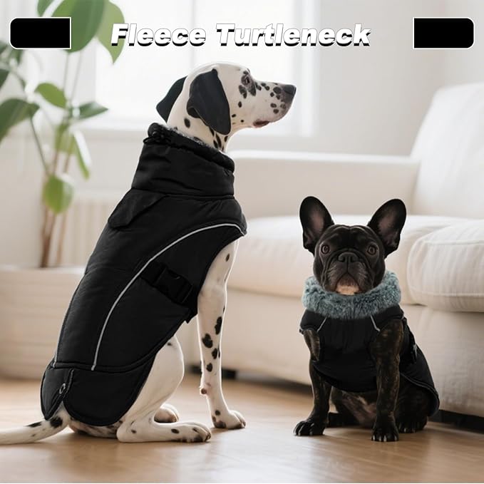 DENTRUN Winter Warm Dog Coat Reflective Jacket with Turtleneck for Cold Weather, Adjustable Buckle Windproof Water Repellent, Thick Snowsuit Fleece Vest for Small, Medium, Large Dogs, Black, XXL
