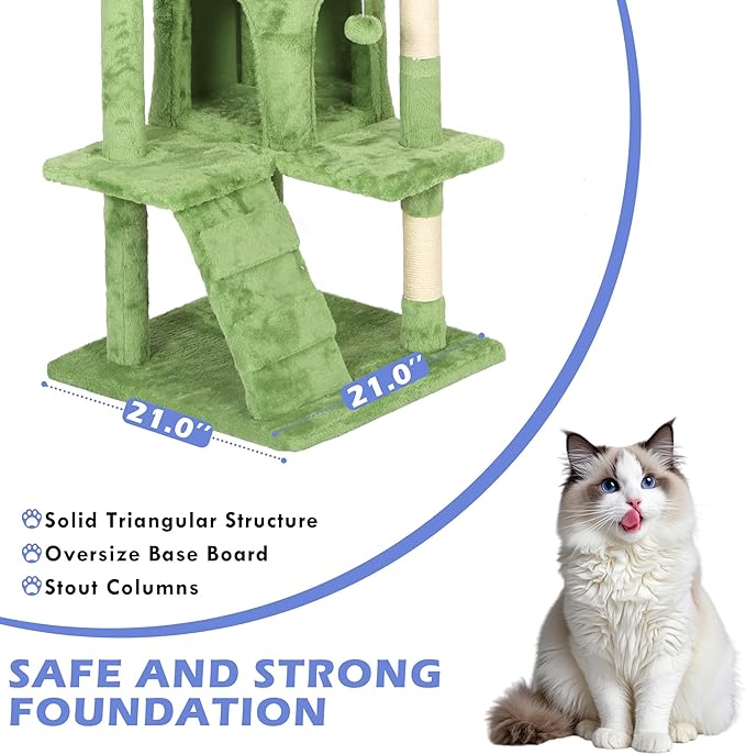 Heavy Duty Cat Tree,70 Inch Tall Cat Tower,2 Cozy Condos,Scratching Posts,Ladders & Sisal Pole,Multi-Level Perches Platforms for Indoor Cats,Sturdy Pet Climbing Furniture,Green