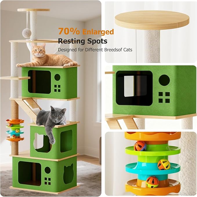 Large Cat Tree,153 Tall Wooden Cat Tower with 3 Spacious Caves,Transparent Space Capsule,8 Fully Scratching Posts and Natural Wood Posts, Kitty Condo with Multi-Layer Platform