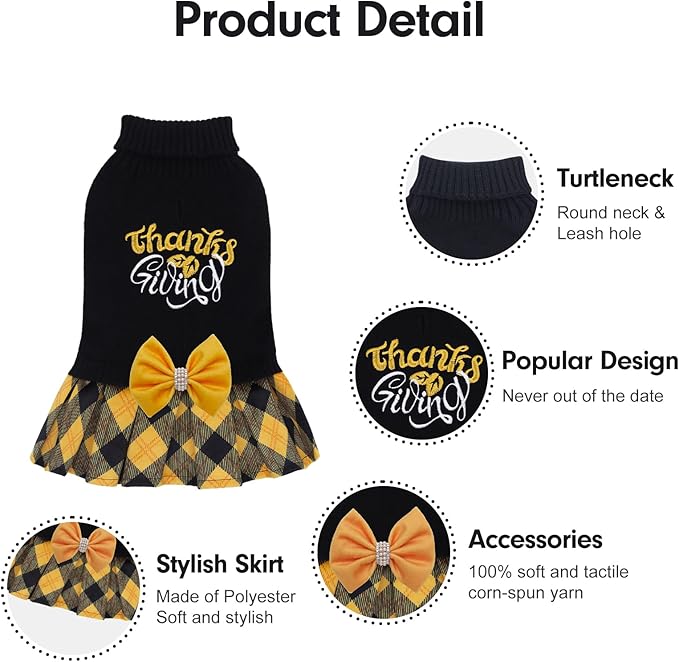 CuteBone Thanksgiving Dog Sweater Dress for Small Dogs Girl, Thanksgiving Embroidery Turtleneck Medium Dog Sweater with Bowtie, Pet Clothing for Chihuahua Yorkie Teacup DS108XL