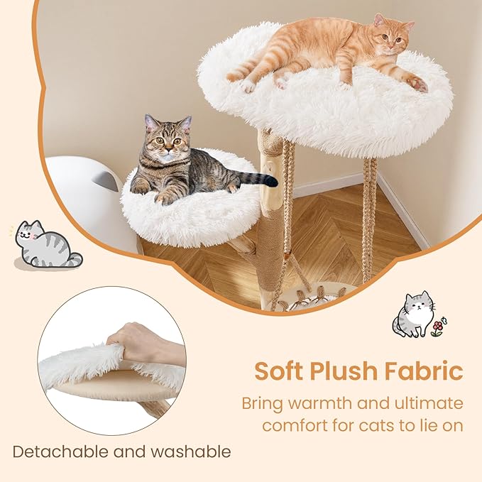 Tangkula Solid Wood Cat Tree, 48.5” Natural Branch Modern Cat Tower with Luxury Hanging Cradle, Jute Scratching Post, Top Perch, Padded Platform, Soft Long Plush, Boho Cat Tree for Indoor Kittens