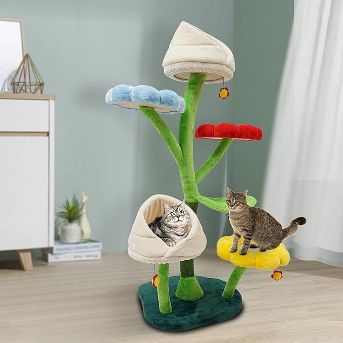 Flower Cat Tree, 65 Inch Tall Cat Tower, 6 Tier Detachable Cats Scratching Posts, Modern Flower Shaped Platforms for Homes Pet Shops (Colorful)