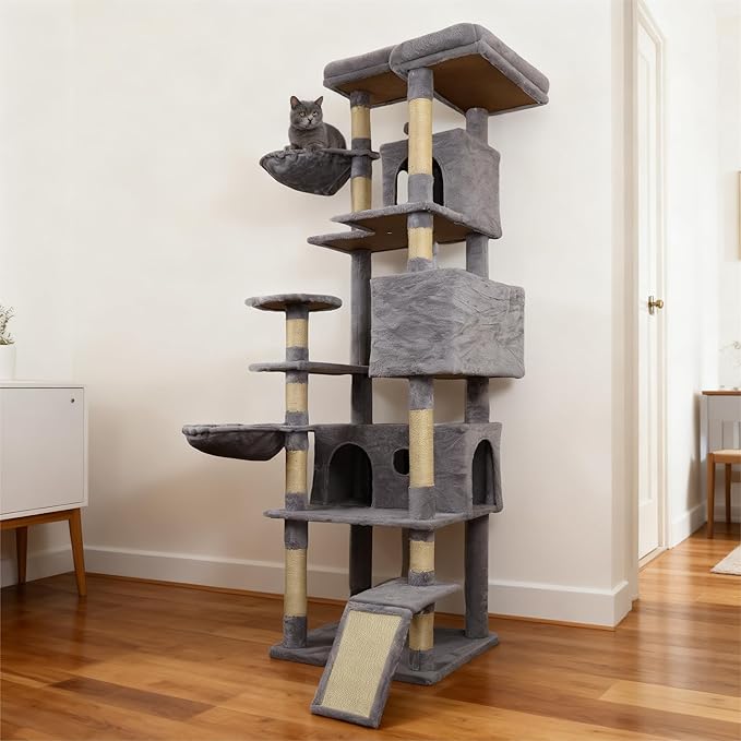 Dark Gray 84in Heavy Duty Cat Tree, Cat Tree Tower for Indoor Cats Large Adult, Extra Cat Tower with 12 Sisal Scratching Post, Large Top Platform, Hammock, Cat Condo for Kittens