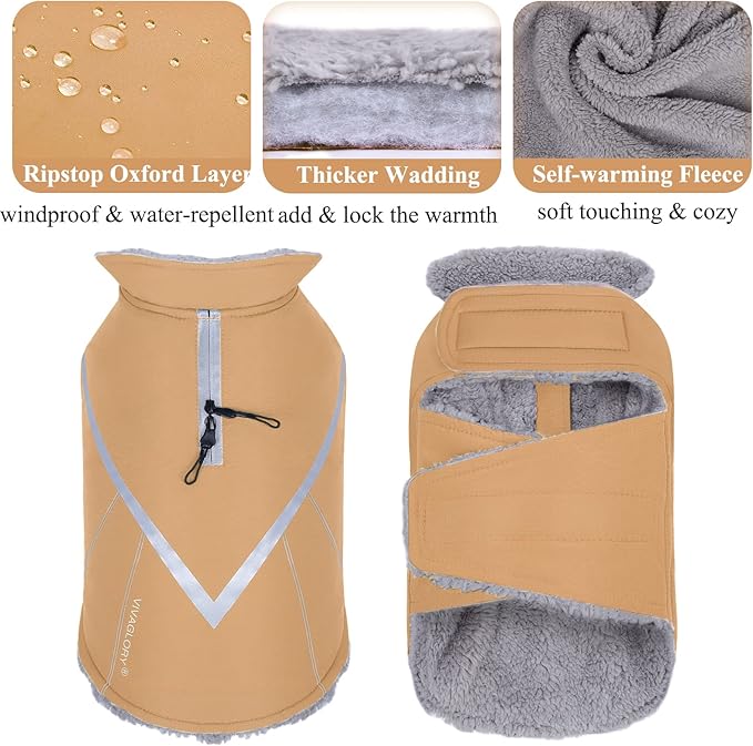 VIVAGLORY Snowrap Dog Coat, Jacket with Harness Hole, Dog Coat for Winter & Cold Weather, Fluffy Warm Fleece Lined Reflective Water Resistant for Puppy, M, Khaki