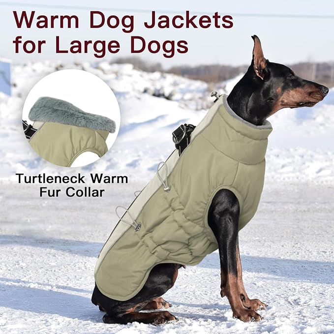 Dog Winter Jacket - Large, Warm Zip Up Snowsuit Dog Harness Vest, Reflective, Water-Resistant, Apricot