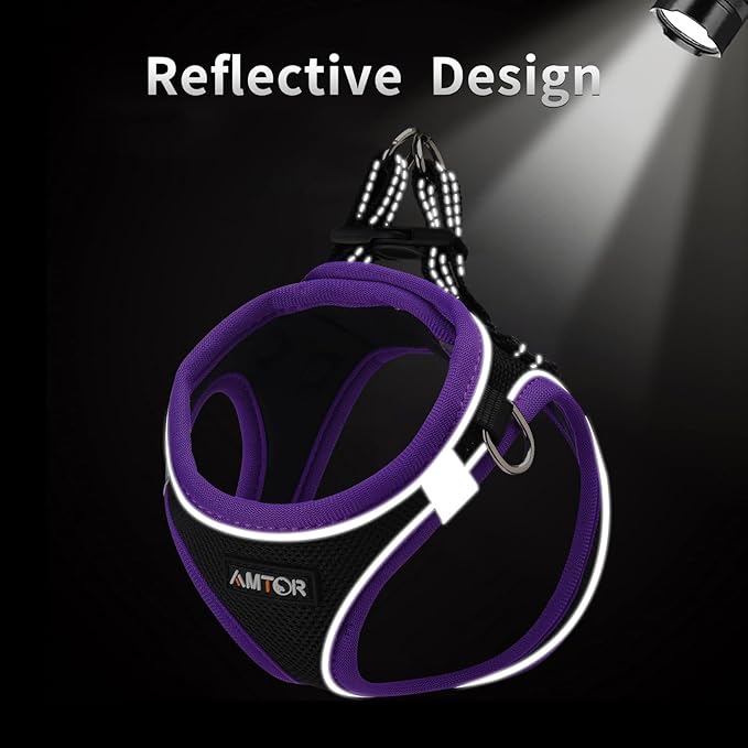 AMTOR Small Dog Harness with Leash Set, No Escape Easy Walk Puppy Harnesses for Training Walking, Step-in Reflective Soft Dogs Vest for XS S Medium Extra-Small Large Sized Dog(XL,Black/Purple)