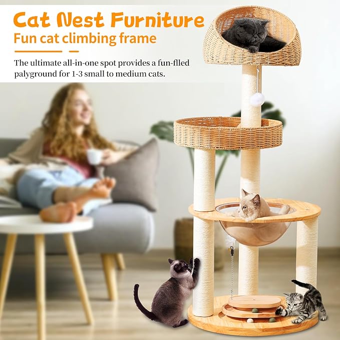 Cat Tree for Indoor Cats, 59'' Multi-Level Solid Wood Tower for Large Adult Cats, Heavy Duty Design with Sisal Scratching Posts, Teaser Wand, Hanging Plush Ball, Interactive Ball Track Base