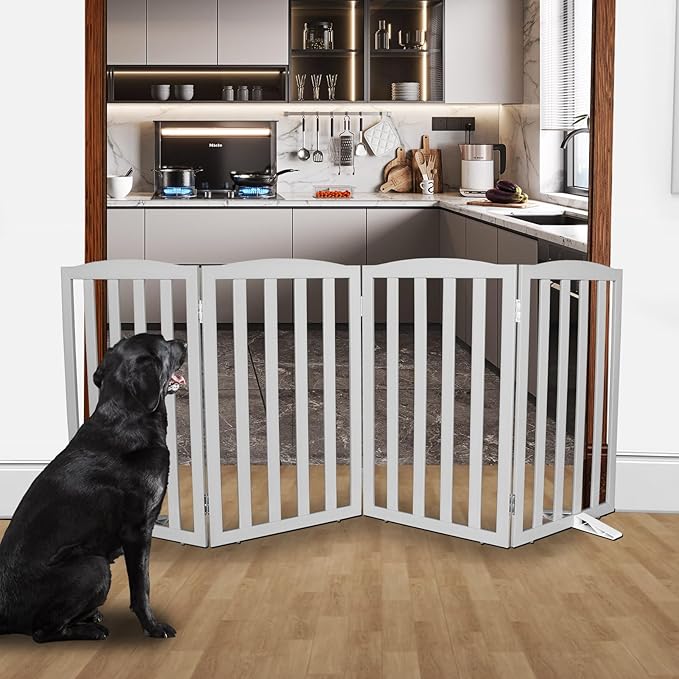 Freestanding Dog Gate Indoor,Doggie Gate Foldable Pet Gates for Doorways,Stairs or Hallways, Wooden Grey Pet Gate for the House, Pet Fence with Support Feet Included,32 "Height-4 Panels
