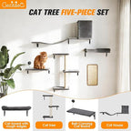COZIWOW Cat Wall Shelves Set, 5-Piece Wall Mounted Cat Furniture with Cat Tree & Scratching Post, Floating Cat Perches for Indoor Cats（Grey）