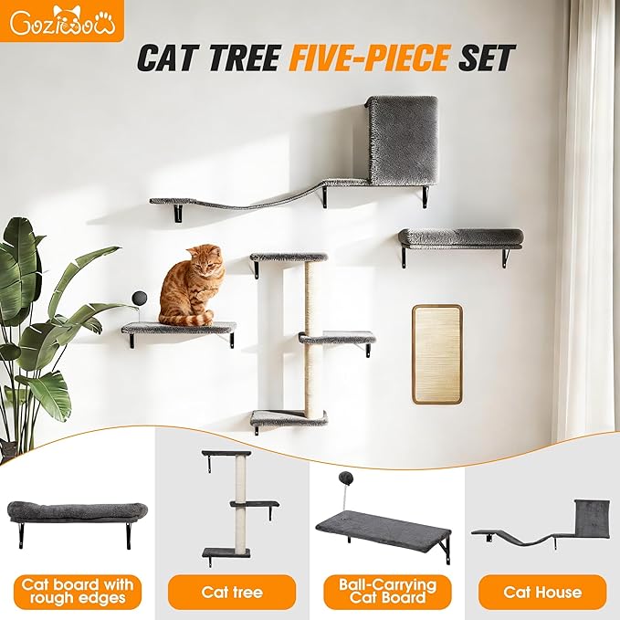 COZIWOW Cat Wall Shelves Set, 5-Piece Wall Mounted Cat Furniture with Cat Tree & Scratching Post, Floating Cat Perches for Indoor Cats（Grey）