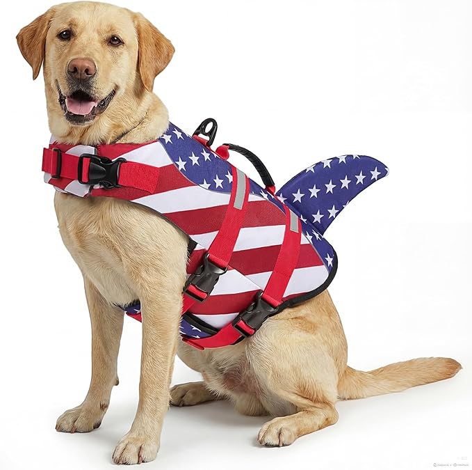 ASENKU Dog Life Jacket - Pet Safety Vest for Swimming & Boating, Shark Life Jacket with Floatation, Dog Lifesavers Swimsuits for Small Medium Large Dogs (RedFlag, L)