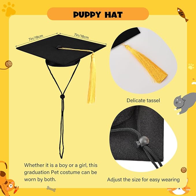 Dog Graduation Cap and Gown, Dogs Cats Graduation Holiday Halloween Costume Accessory(Black,X-Small)