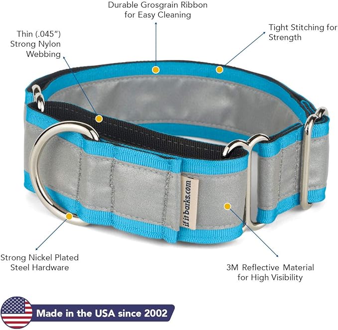 If It Barks - 1.5" Reflective Martingale Collar for Dogs - Adjustable - Made in USA - Strong, Durable, and Comfy - Ideal for Training - Suitable for Most Breeds - Medium, Turquoise