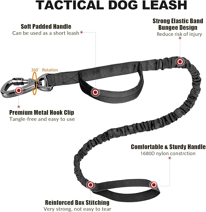 Tactical Dog Collar and Bungee Leash,Military Dog Collar & Leash Set with USA American Flag Adjustable K9 Collar with Heavy Duty Metal Buckle & Handle,with Patches and Airtags Case (M, Black)