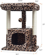SYANDLVY 27" Cat Tree for Indoor Cats, Activity Tower with Scratching Posts, Modern Kitten Condo with Plush Perch & Hanging Ball for Play, Leopard Print