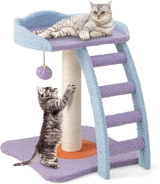 PETSITE Small Cute Cat Tree, 19 Inches Modern Cat Tower for Indoor Cats with Top Perch, Scratching Post, Ladder, Blue Purple