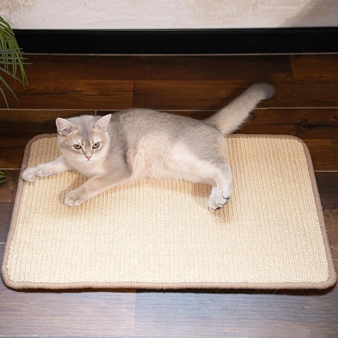 CHEERPALS Sisal Cat Scratcher Mat for Indoor Cats, 23.6 X 15.7 Inch Natural Sisal Fabric Scratching Pad Horizontal Scratch Rug with Sticky Tapes, Protect Couch, Wall and Carpets (White)