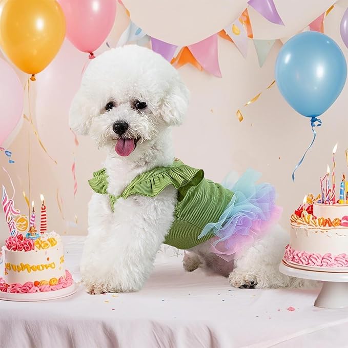 Dog Birthday Dress It's My Birthday Dog Dress Small Doggy Girl's Tutu Dresses Ruffle Sleeless Puppy Clothes Tulle Lace Skirt Pet Costume Cat Outfits (Green, S(6.5-12lb))