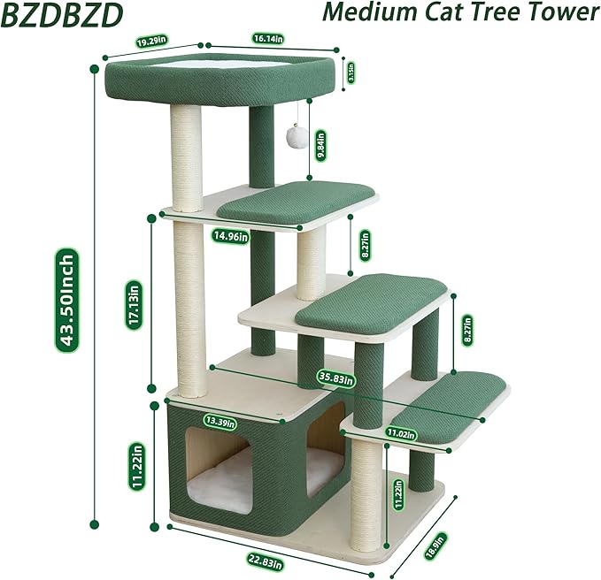 Modern Wood Cat Tree Tower for Large Cats - 43.5" Indoor Wooden Cat Condo with Sisal Scratching Posts, Washable Cushions, Large Top Perch & Easy Climb Steps for Elderly/Short-Legged Cats Multi-Cat Use