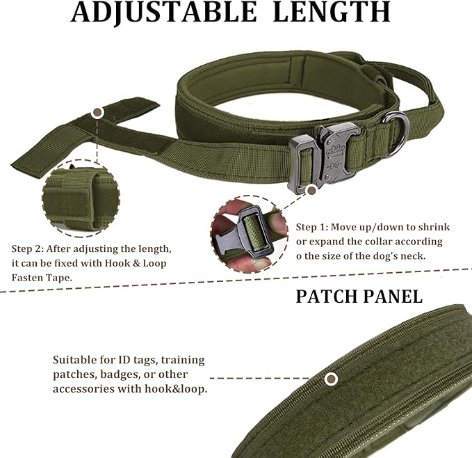 Tactical Dog Collar with Handle - Military Adjustable Dog Training Collar Soft Nylon and Heavy Duty Metal Buckle for Medium Large Dogs - with Patch (Green, Medium)
