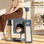 【SteadyCore】 PetDance All-in-1 Cat Tree Tower with Heavy Duty Board, Solid-Wood,Small Cat Tower with Multiple Fun:Interactive Track Ball Toy & Self-Grooming Brush for Indoor Cats,Light Gray
