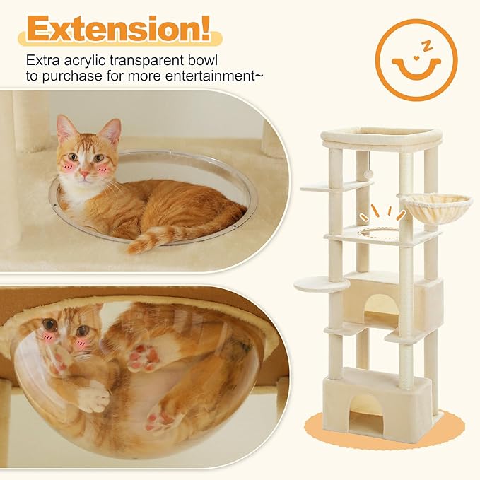 PEQULTI 68'' Cat Tree for Large Cats 20 lbs Heavy Duty, Tall Cat Tower for Indoor Big Cats with Extra-Large Top Perch [21'' x 17''], 2 Large Cat Condos, Cat Scratching Post and Cozy Hammock, Beige