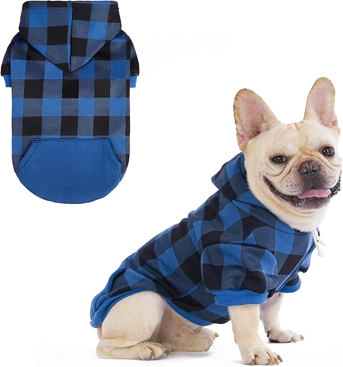 KOOLTAIL Plaid Dog Hoodie Pet Clothes Sweater with Hat and Pocket for Small Medium Large Size Dogs, Soft Winter Warm Dog Cold Weather Coat, Fleece Fall Dog Hooded Sweatshirt for Puppy Cats, Blue SM