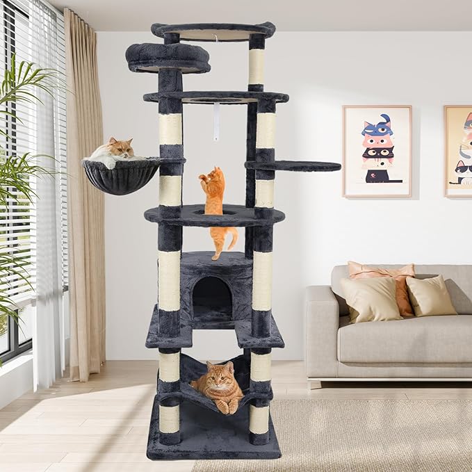 Tall Cat Tree 78.8in, Patent Fabric Multilevel Cat Tower for Adult Cats, Climbing Tree House and Towers with Condo Hammock Scratching Post Large Platform Wide Base