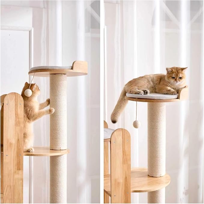 SHENGOCASE 72-Inch Modern Cat Tree Tower Condo for Large Cat, Natural Rubber Wood, Multi-Level Ladder with Hammock, Sisal Scratching Post, Large Perch Platform