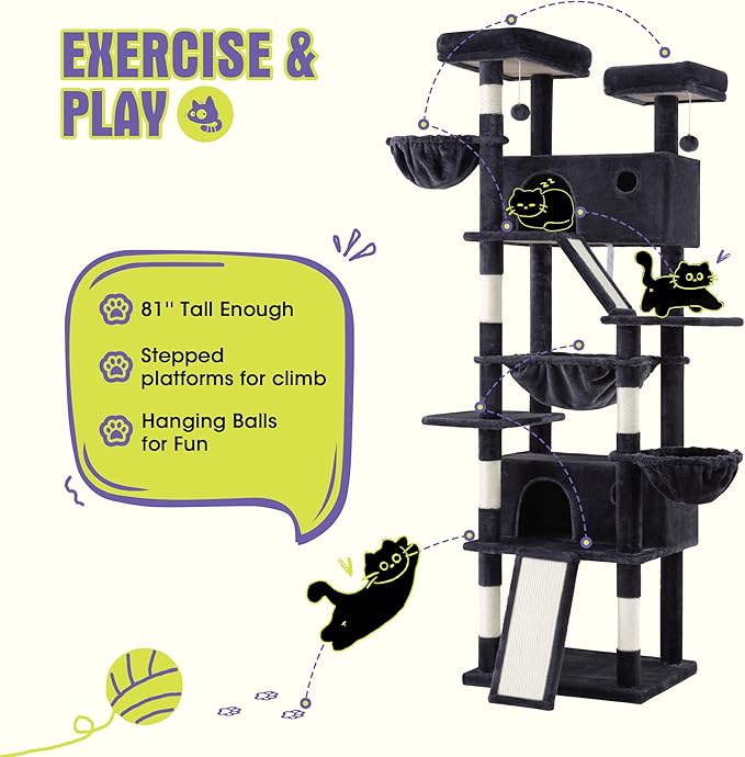 WEEWAY Cat Tree Tower for Indoor Cats,81'' Multi-Level Cat Furniture Activity Center,Stand House Condo Cave,Sisal Scratching Posts Ramps,Plush Perches Platforms Basket Hammock, Dark Grey