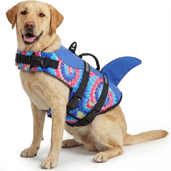 ASENKU Dog Life Jacket - Pet Safety Vest for Swimming & Boating, Shark Life Jacket with Floatation, Dog Lifesavers Swimsuits for Small Medium Large Dogs (Blue Bandhnu, L)