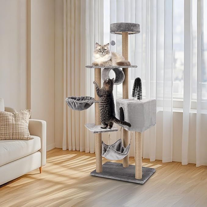 Cat Tree, W23.6*D15.7*H63in Cat Climbing Tower for Indoor Cats, Multi-Layer Cat Condo with Cat House, Hammock, Jumping Platforms, Scratching Posts, Holds 7.5kg/16.5lbs (Grey)