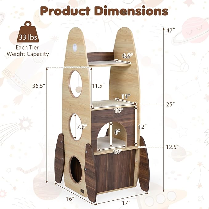 PETSITE 47-inch Rocket-Shaped Wood Cat Tree, Multi-Level Modern Cat Tower with Large Double-Layer Condo, Interactive Hanging Ball and Detachable Sisal Mats, Ideal for Indoor Cats