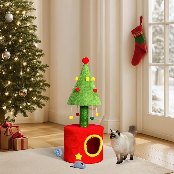 Christmas Decorations, Christmas Cat Tree with Hideaway, Small Cat Tower with Sisal Scratching Post and Hanging Toys, Red & Green Holiday Decor for Indoor Cats (30.7 in Christmas)