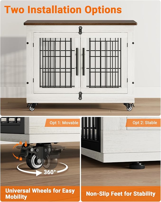 Dog Crate Furniture with Cushion Set of 2, Wooden Dog Kennel Indoor with Double Doors, Dog Cage with Wheels, Dog House Side End Table for Small Medium Dogs up to 45 lb, 32.5" L, White