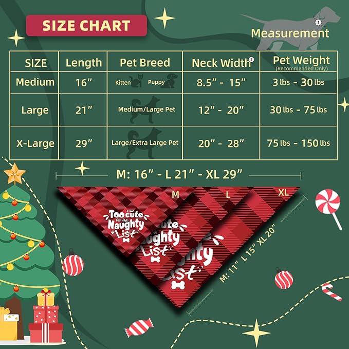 Christmas Dog Bandanas Naughty & Nice Idea Funny Holiday Stocking Pet Scarf Gifts - Too Cute for the Naughty List, Red Plaid, Medium & Large Breed, 25-75lbs