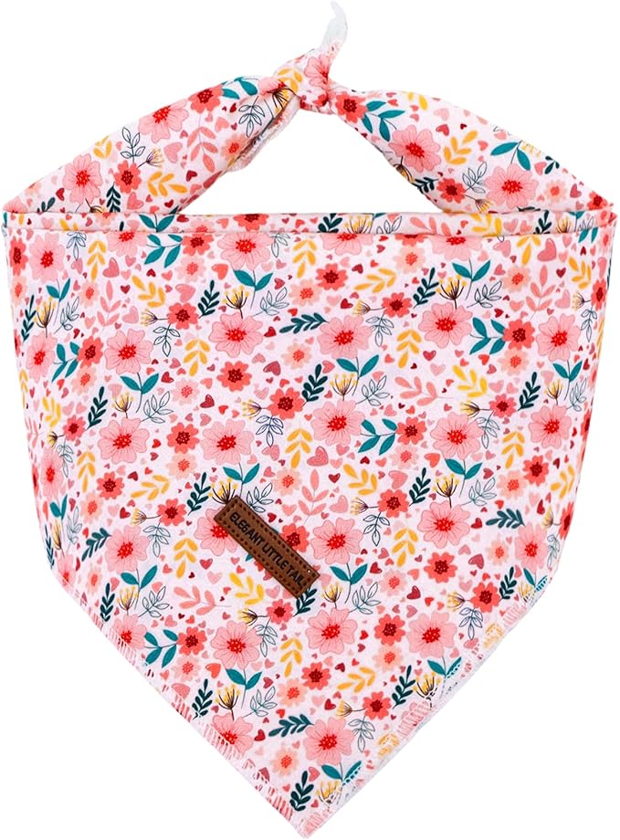 Elegant little tail Dog Bandana, Pink Flower 1PC Washable Dog Scarf Female or Male Square Bib Kerchief Scarf Adjustable Pet Bandana for Medium Large Dogs