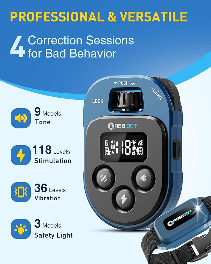 ABBIDOT Shock Collar for Dogs, 4500FT Dog Training Collar with Remote，IPX7 Waterproof Rating，6 Training Modes (Beep, Vibration, Safe Shock), Enhanced Night Light, Rechargeable E-Collar （10-130 lbs）