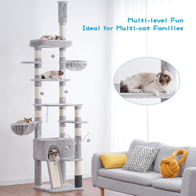 Hey-brother Cat Tree, 98.4-110.2 Inches Floor to Ceiling Cat Tree-Adjustable Height, Tall Cat Climbing Tower for Cats Large Adult with Scratching Post, Cat cando, Light Gray 0MPJ091W