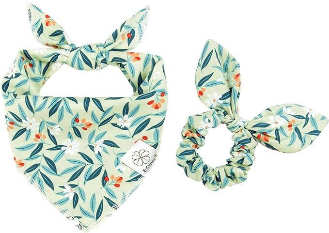 E-Clover Dog Bandanas & Matching Scrunchie Set Girl Dog Bandana Scarf Washable Kerchief Bibs for Medium Large Dogs Pet Owner Birthday Gift Green