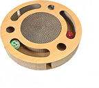 3-in-1 Cat Scratcher Toy, 13 Inch Round High-Density Corrugated Paper Puzzle Mat & Lounge for Indoor Cats, Reinforced Scratch-Resistant Board for Furniture Protection（Wood Color）